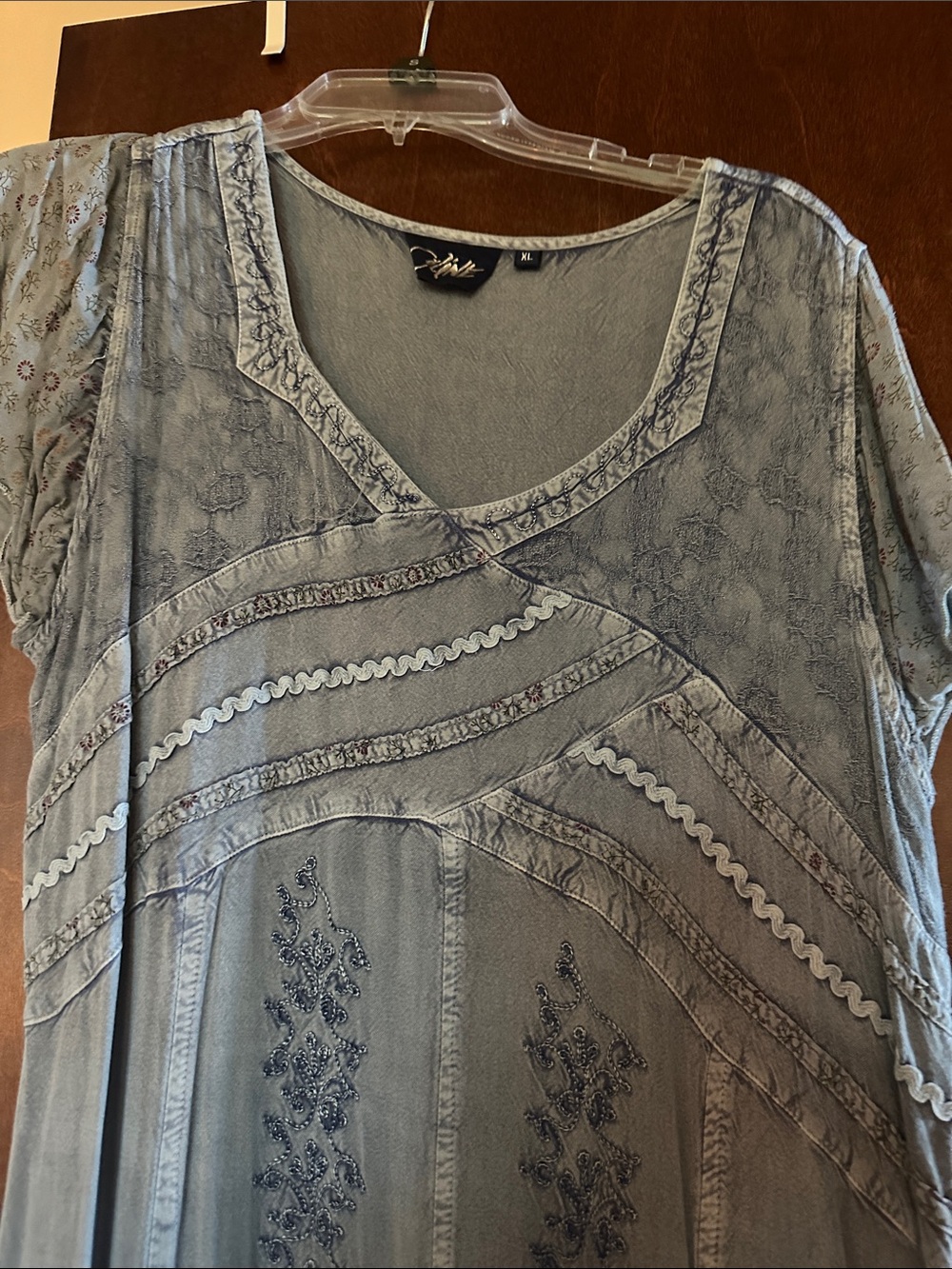 Boho Embroidered Midi Dress in Dusty Blue